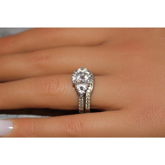 Diamonique 2.95 CTTW CZ Platinum Clad .925 Sterling Engagement Ring Set US SZ 7 - Picture 4 of 4